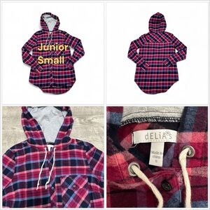 Junior’s dELiA Small 3 - 5 Hoodie Flannel Shirt Hooded Plaid Purple Pink Button